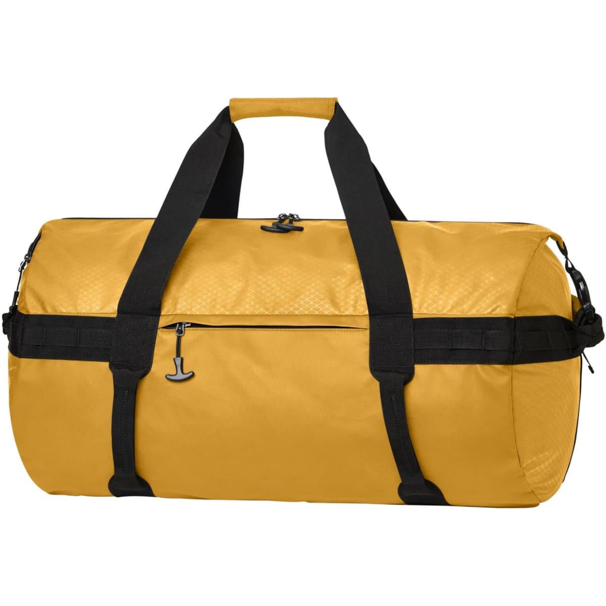 A yellow sports/travel bag with black straps and zippers, featuring a spacious main compartment and an outer pocket.
