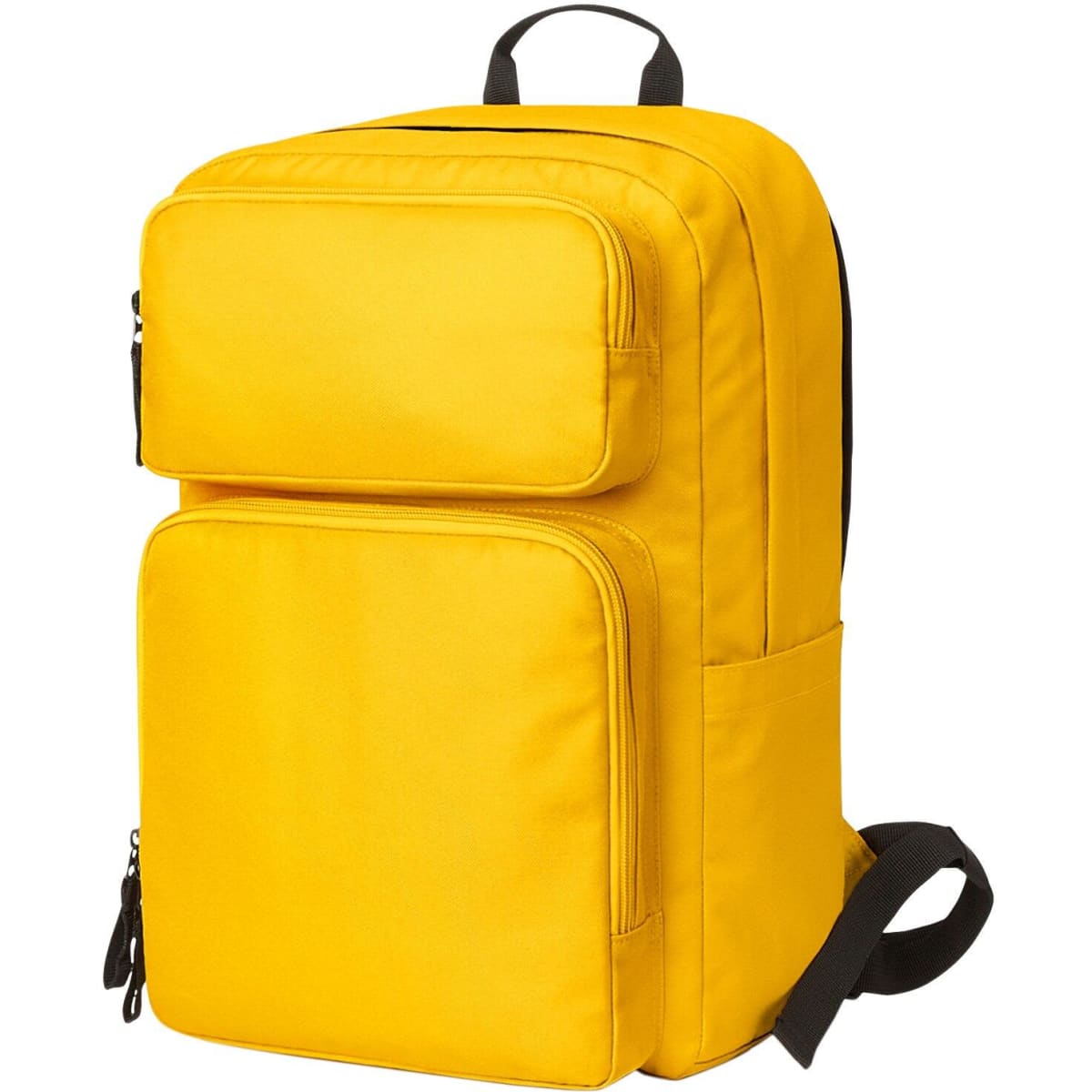 A yellow laptop backpack with multiple zippered compartments and a logo, designed for carrying laptops and accessories.