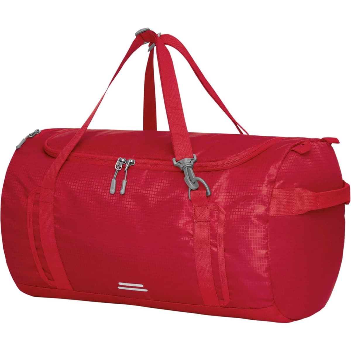 A red duffle bag with dual carrying handles, featuring zippers and side straps. It has a logo on the side.