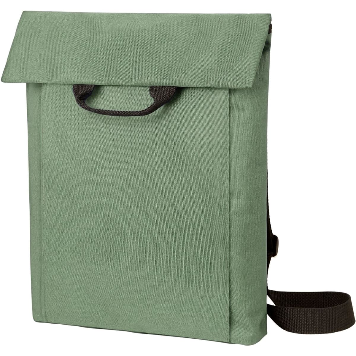 A green backpack with a flap closure and a shoulder strap, featuring a front handle and branding.