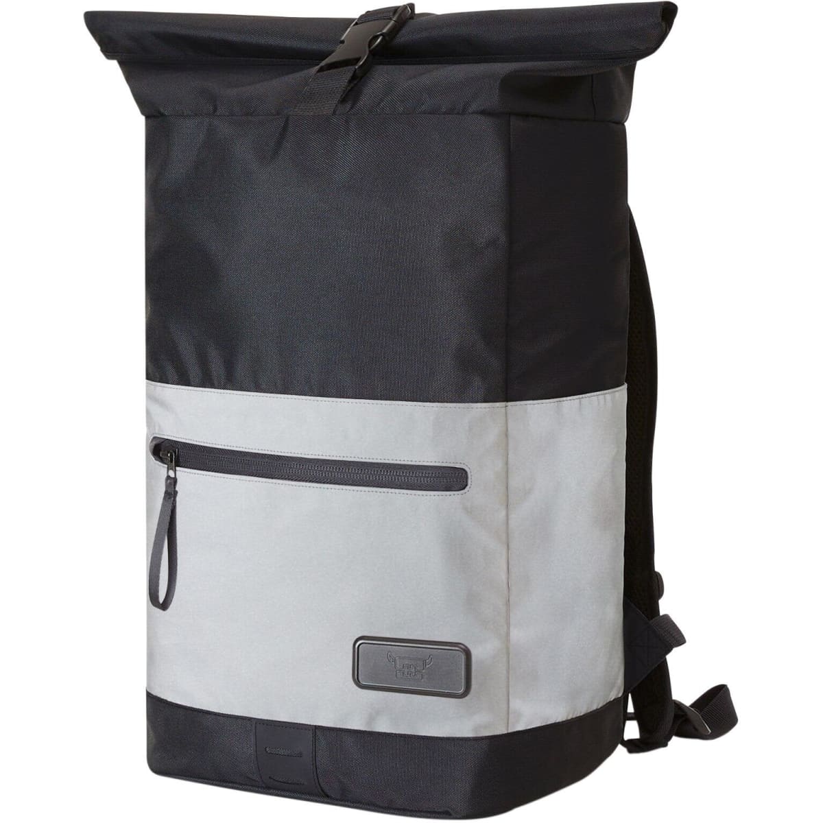 A black and light grey laptop backpack with a roll-top closure, featuring a front zipper pocket and straps.