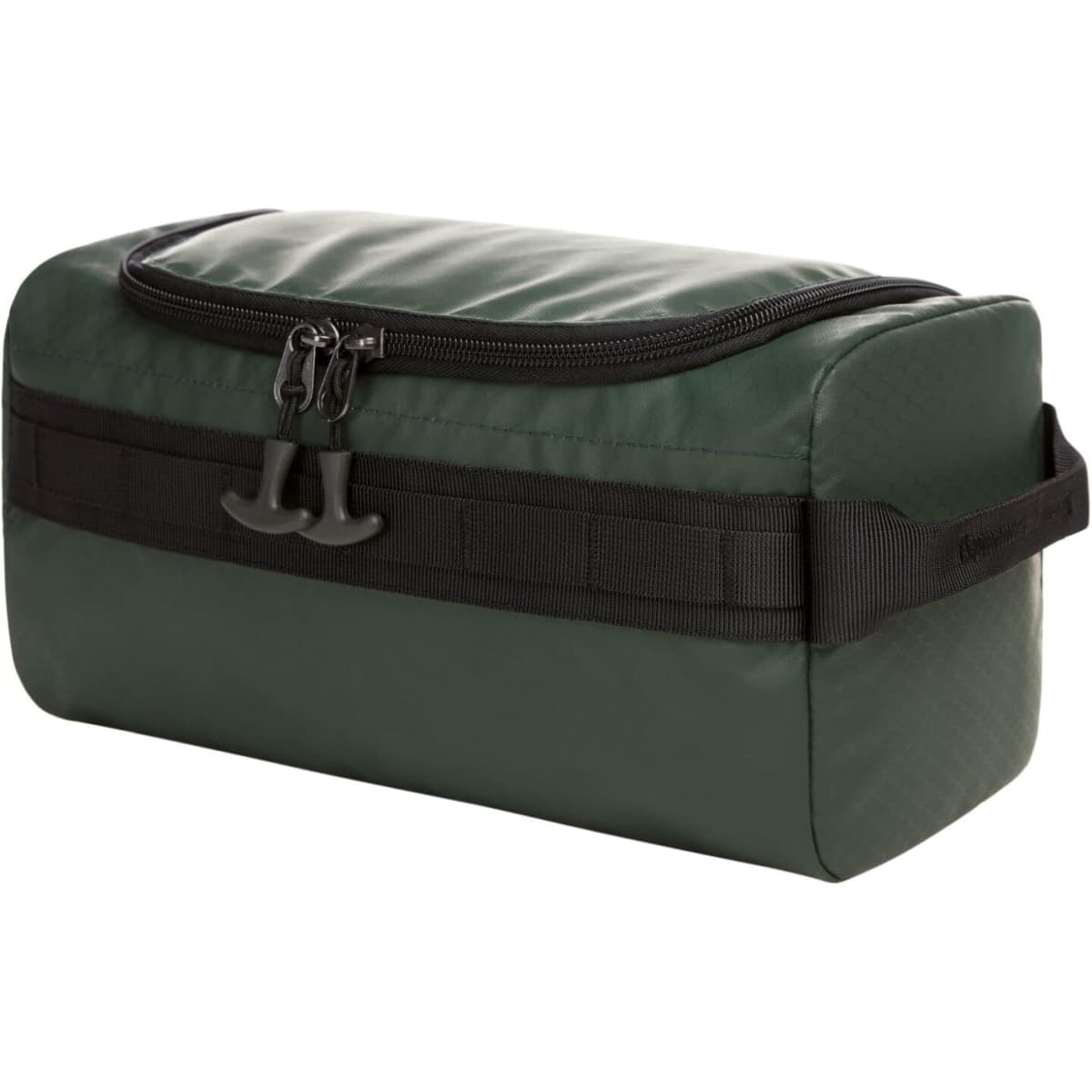 A green wash bag with a black zip and strap, featuring a sleek rectangular design and a logo.