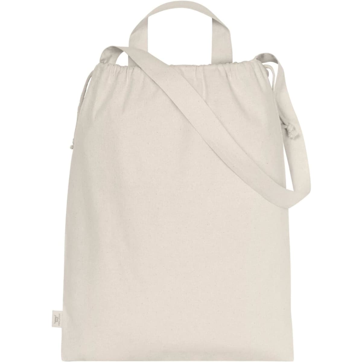 A light beige organic drawstring tote bag with handles and a shoulder strap, featuring a logo.