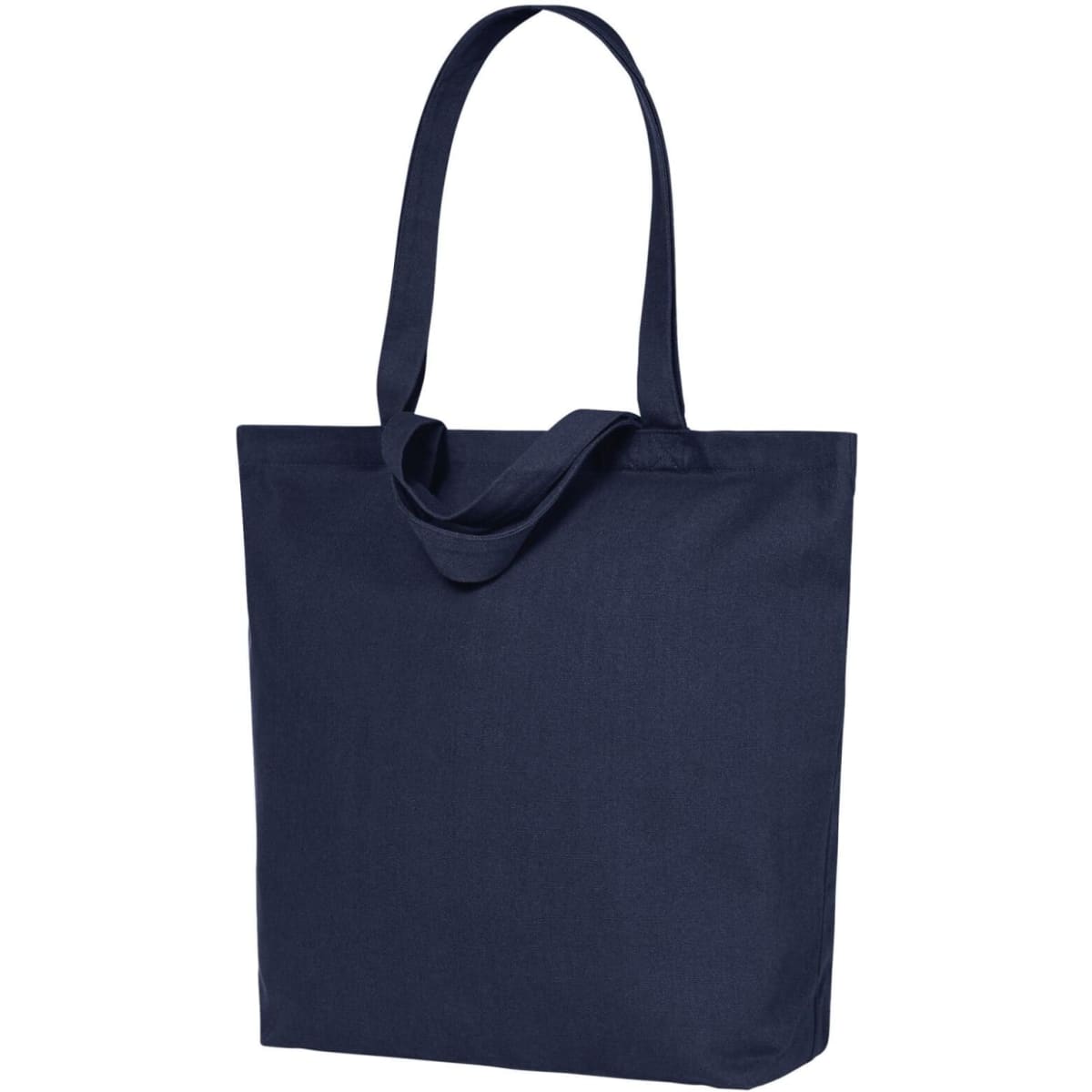 A navy blue tote bag with long handles and a simple design. It features a logo on one side.