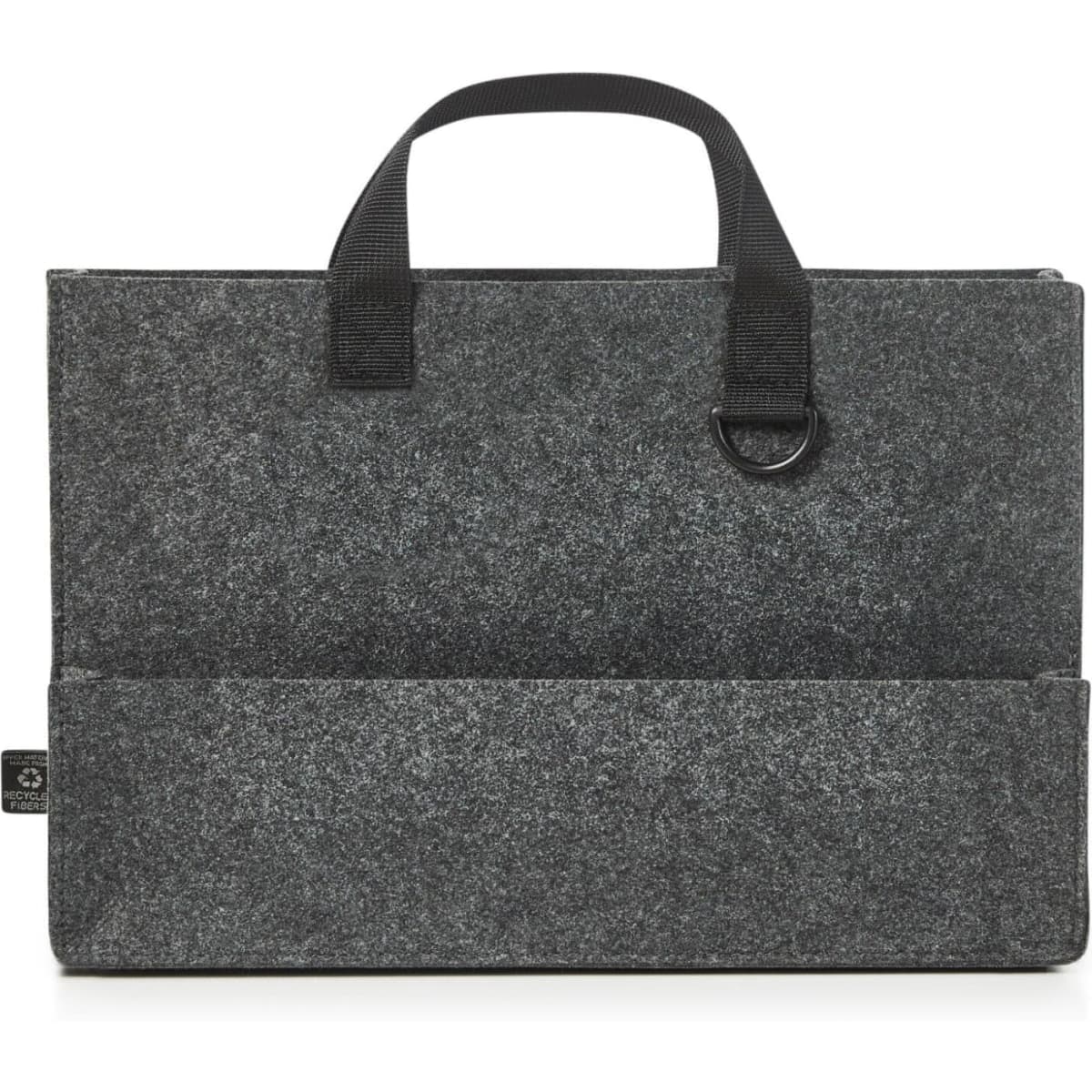 A grey felt bag with two handles and a front pocket, featuring a branding logo.