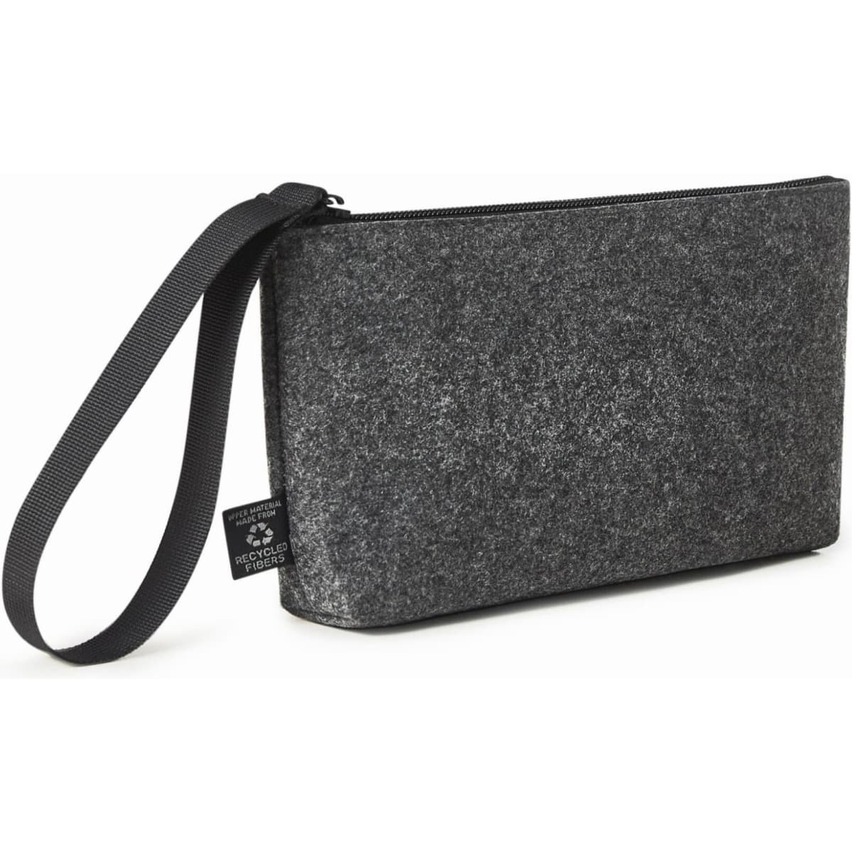 A grey felt zipper bag with a wrist strap and a small logo tag, featuring a simple, modern design.
