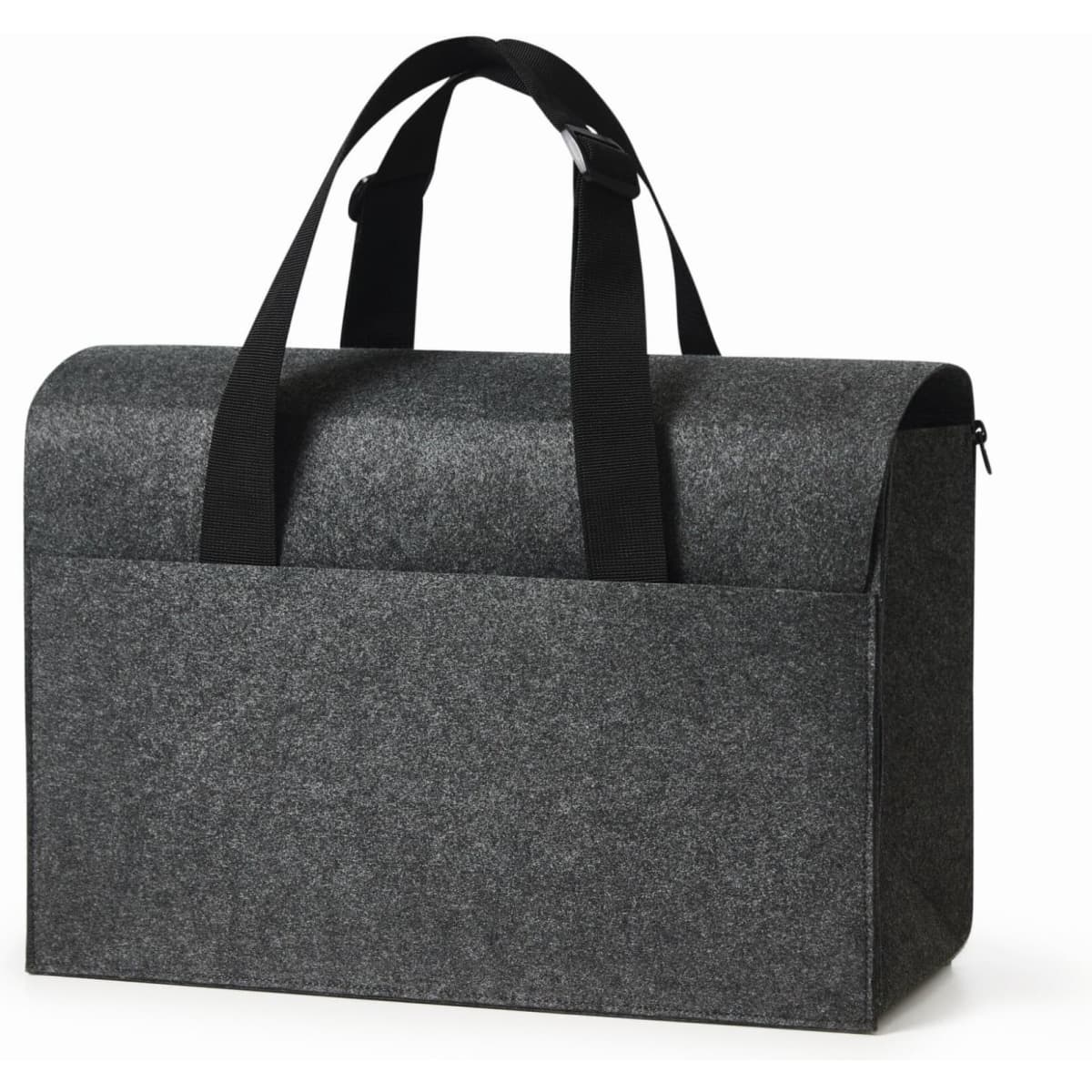 A grey laptop bag with a structured design and two sturdy black carry handles. It features a zip closure.