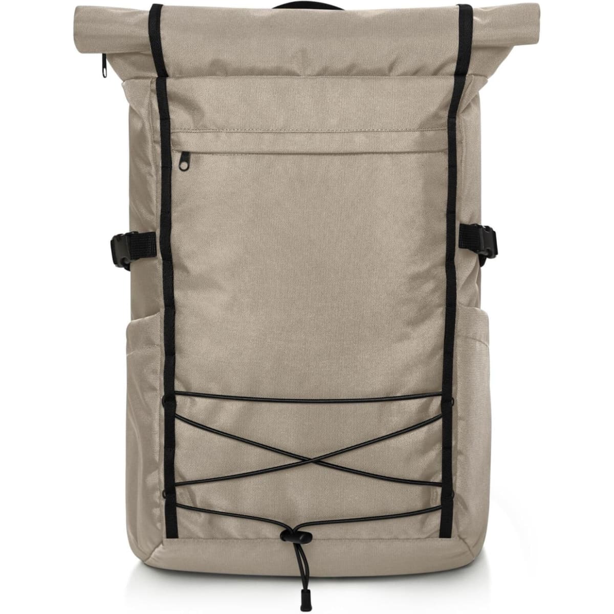 A beige Flex Notebook Backpack featuring a roll-top closure, adjustable straps, and a front zip pocket.