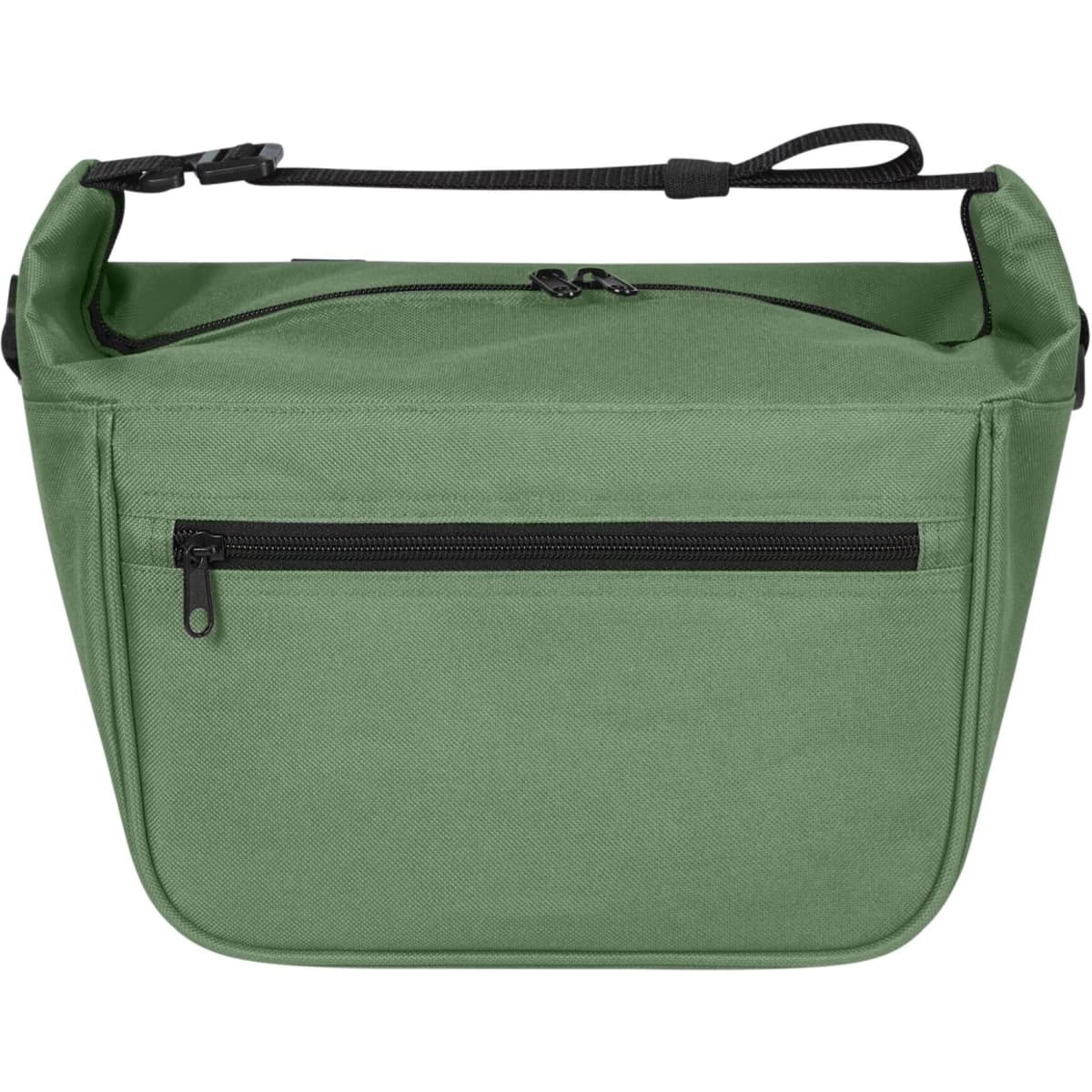 A green lunch bag with a zippered front pocket and a shoulder strap, featuring a plain design and a logo.
