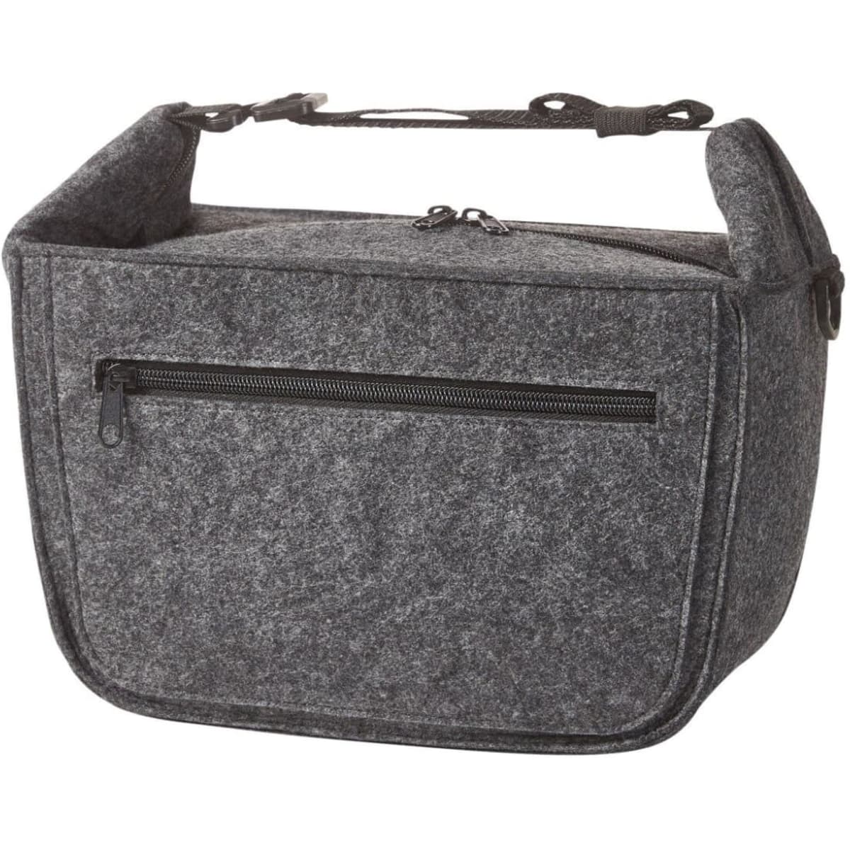 A grey felt lunch bag with a zippered pocket and sturdy handles. The bag has a minimalist design and a durable appearance.