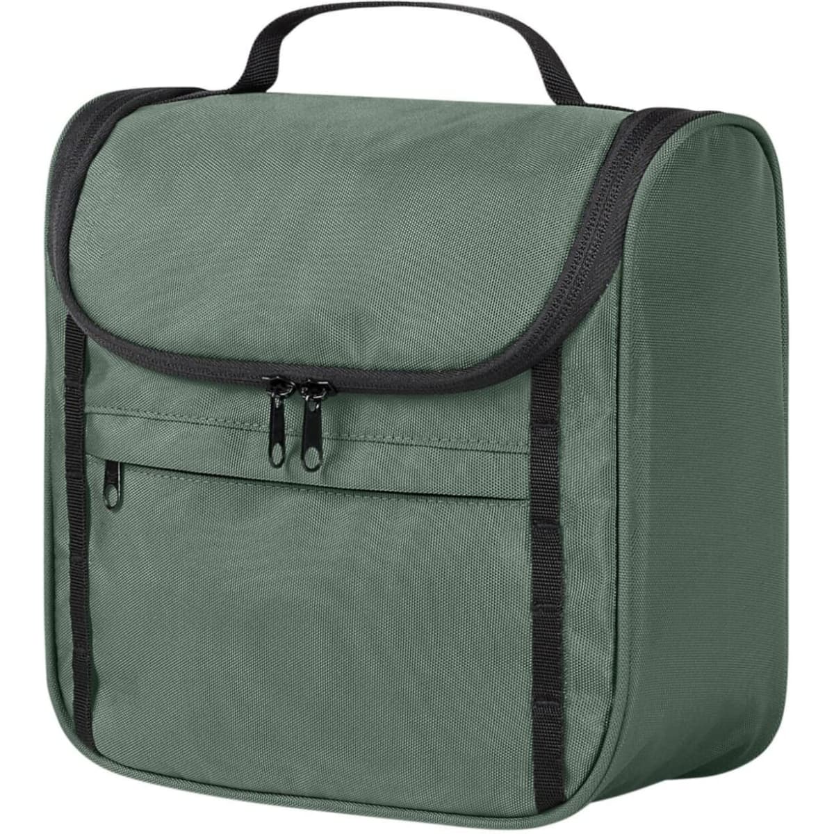 A green toiletry bag with a front zip pocket and a handle on top, featuring a logo.