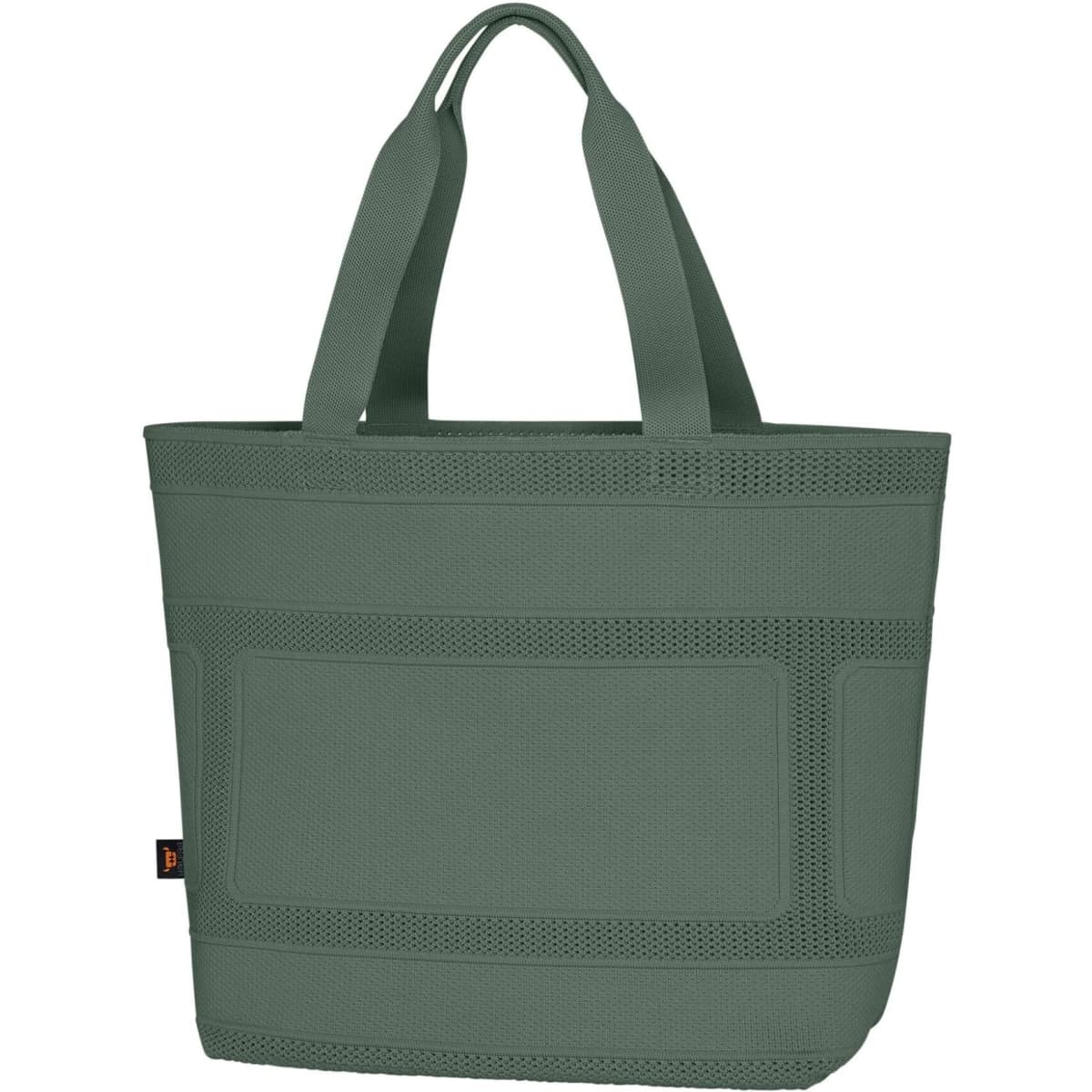 A green tote bag featuring sturdy handles and a textured design, with a brand logo displayed.