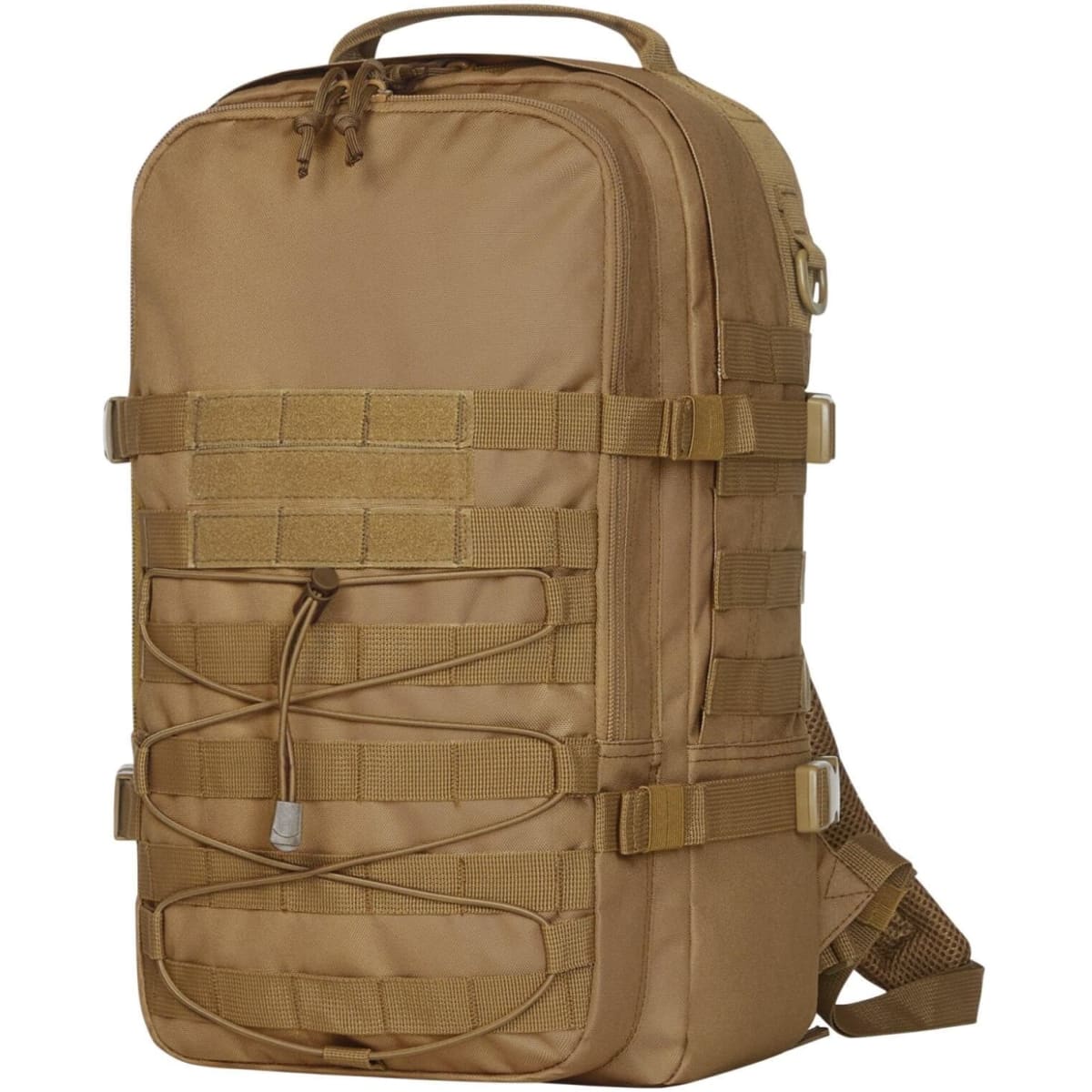 A tan Molle notebook backpack featuring multiple straps and compartments, ideal for carrying laptops and other gear.