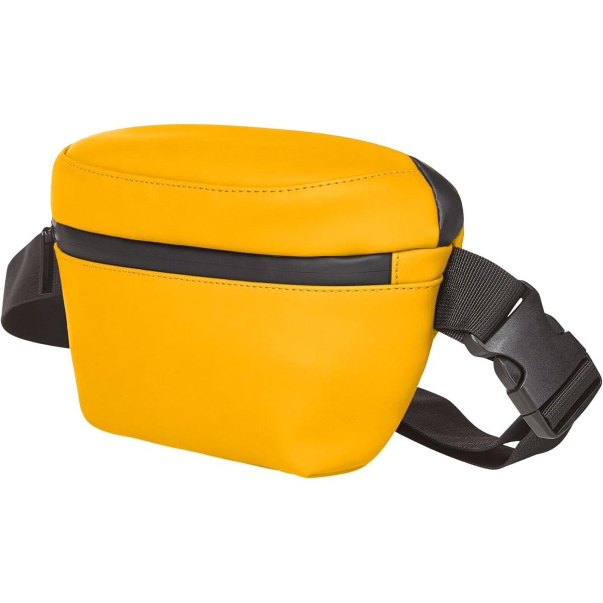 A yellow bum bag with black accents and an adjustable strap, featuring a zippered compartment.