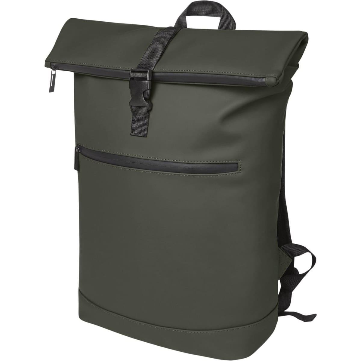 A dark green laptop backpack with a roll-top design and a front zip pocket, featuring adjustable straps and a logo.