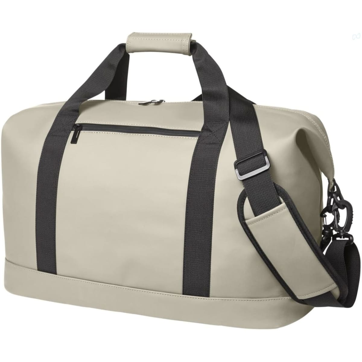 A light grey duffle bag with black straps and a detachable shoulder strap, featuring a front zip pocket and a logo.