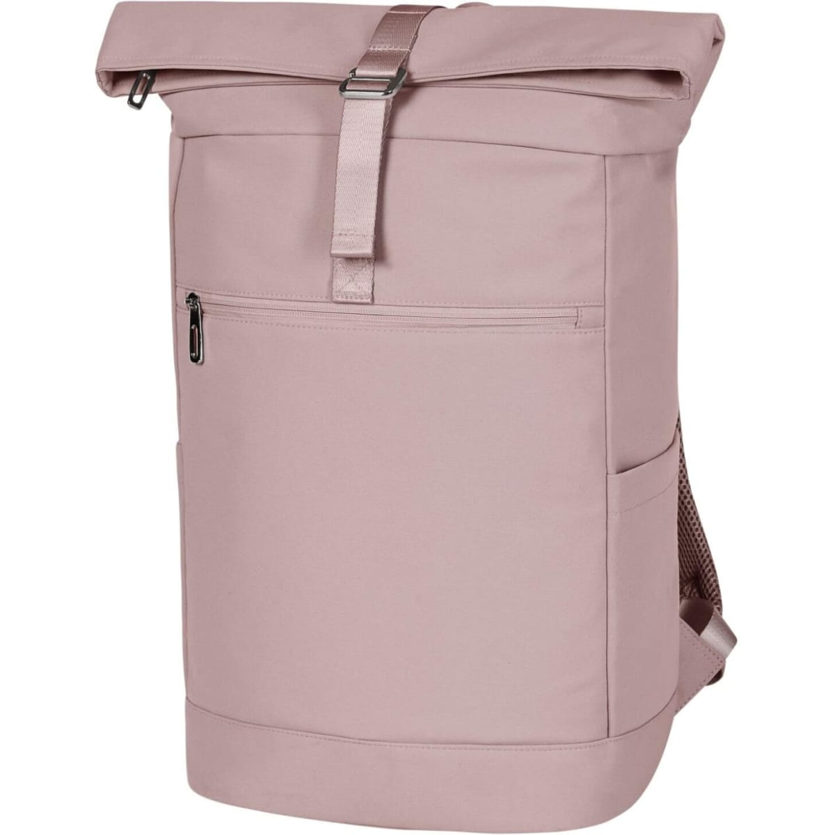 A pink laptop backpack with a roll-top design, featuring a front zipper pocket and mesh side pockets. It has a logo.