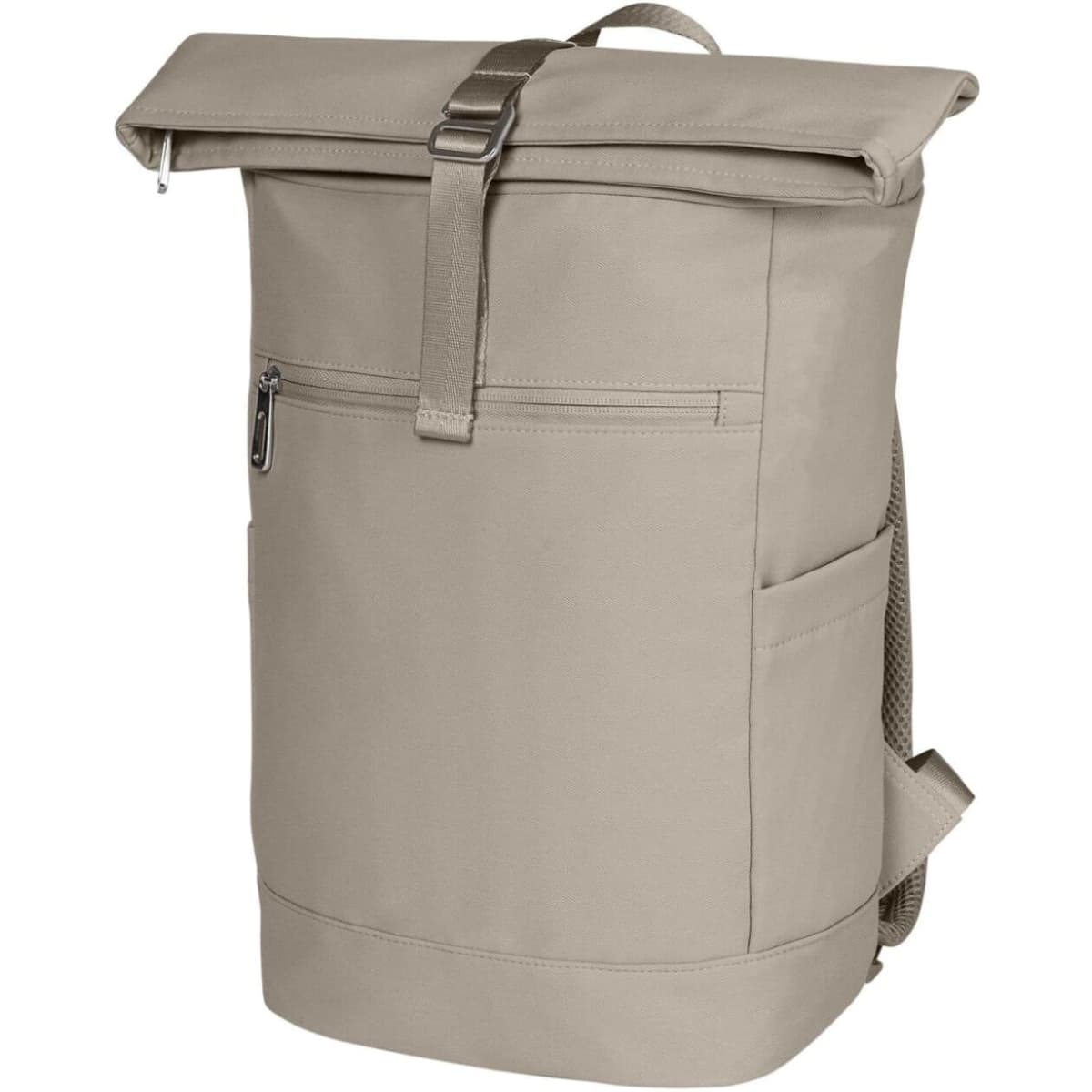 A roll-top backpack in light taupe with a front zip pocket and adjustable straps. It includes a branding logo.