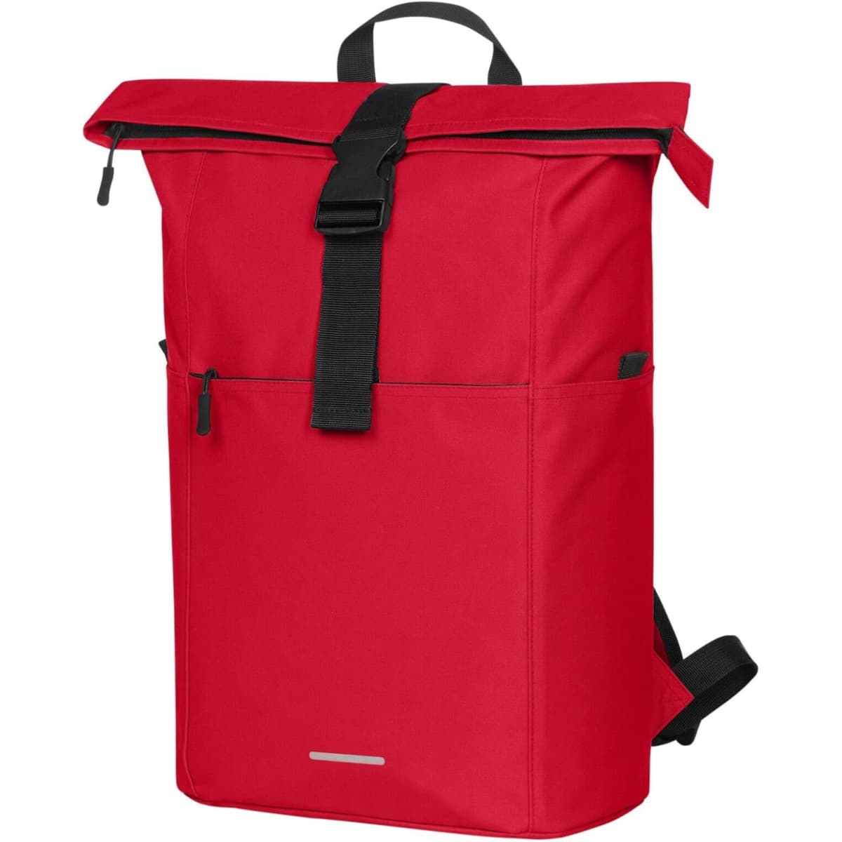 A red backpack with adjustable straps, a top flap secured by a buckle, and a front zip pocket.