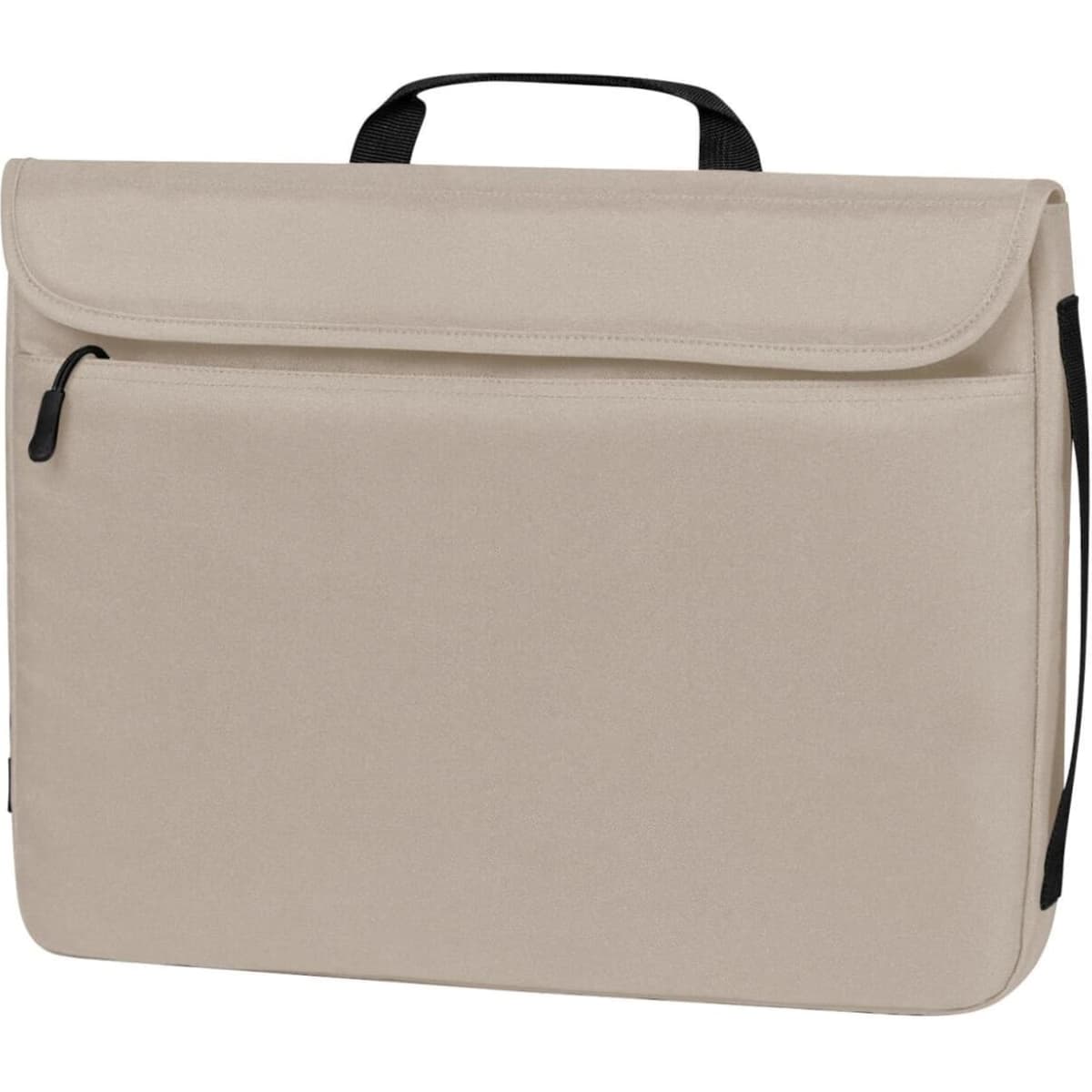 A beige laptop sleeve with a front pocket and a black handle. It has a simple design and a logo.