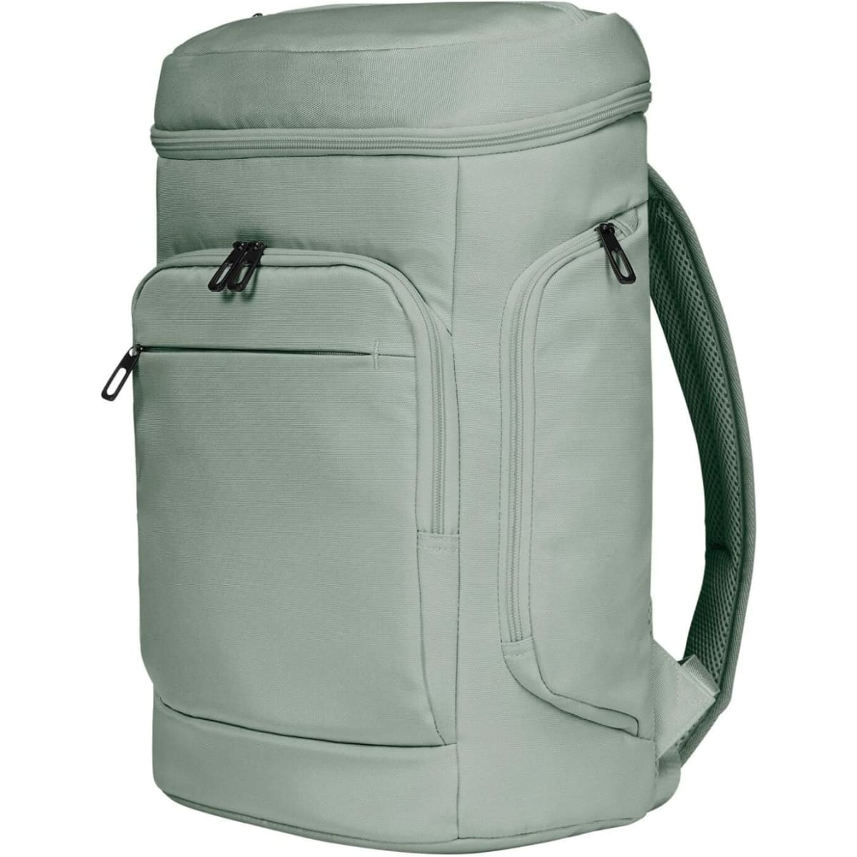 A solid green laptop backpack with multiple zippered compartments and padded straps. It has a branded logo.