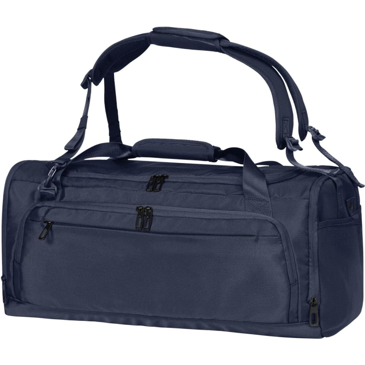 A navy duffle bag with multiple zippered compartments and adjustable shoulder straps, featuring a logo.