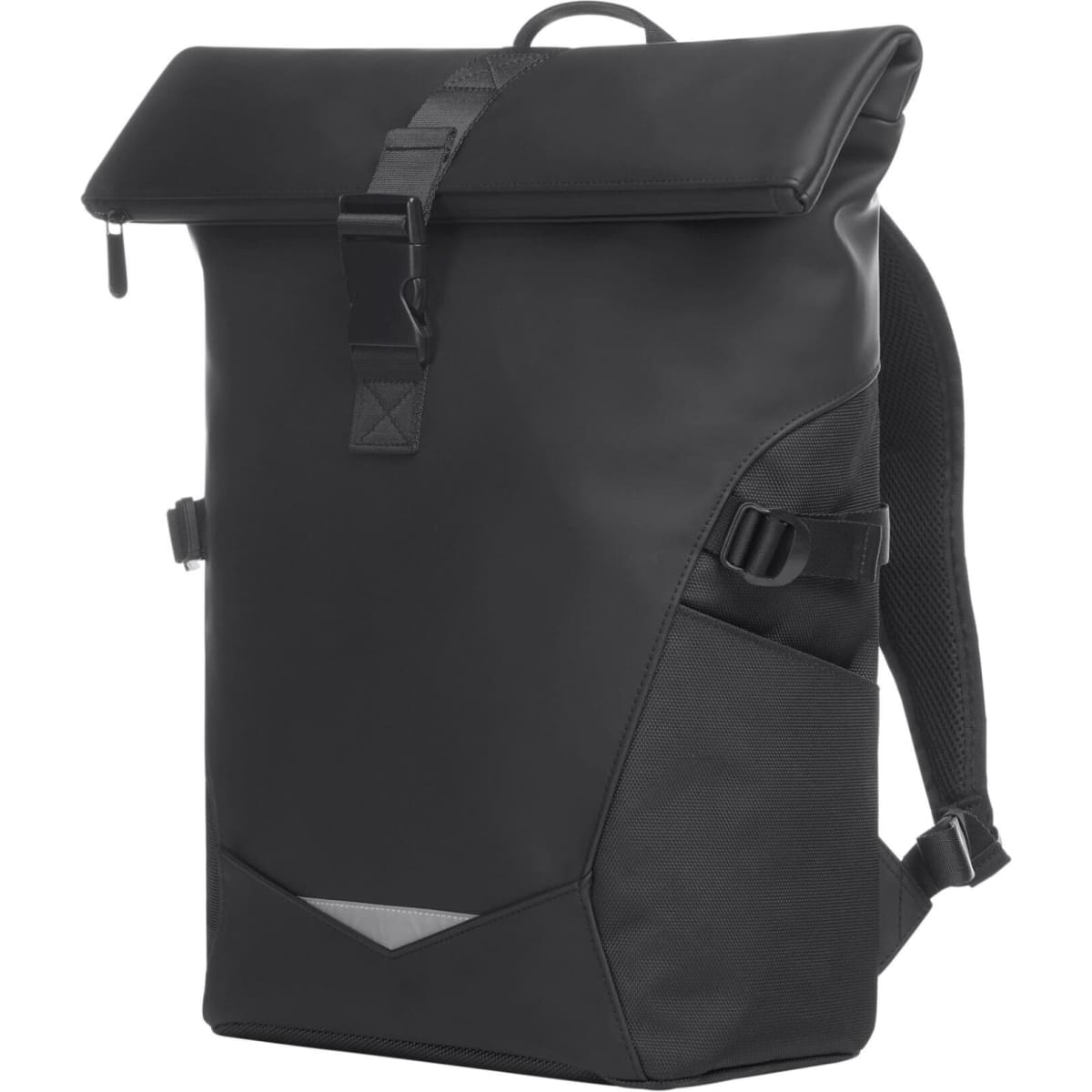 A black laptop backpack featuring a roll-top closure, adjustable straps, and a side pocket. Includes a logo.