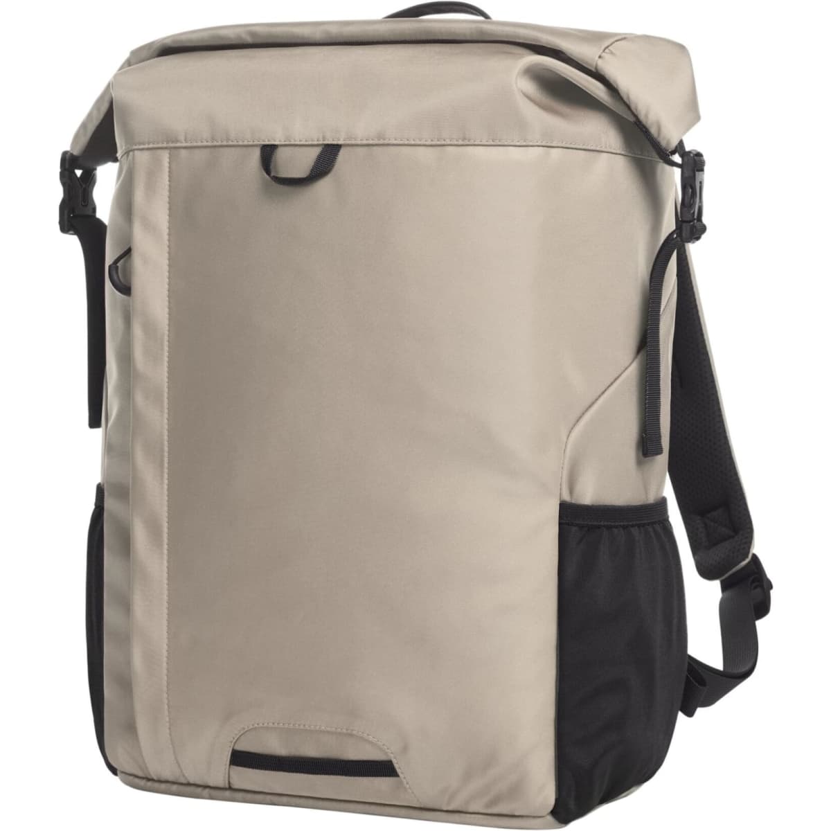 A beige and black Mellow Backpack with a roll-top design and adjustable straps, featuring a logo.