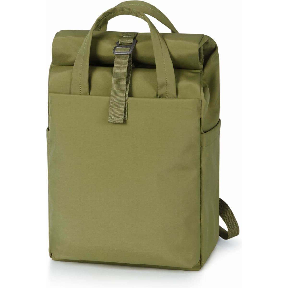 An olive green backpack with a roll-top closure and adjustable strap, featuring a side pocket and a logo.
