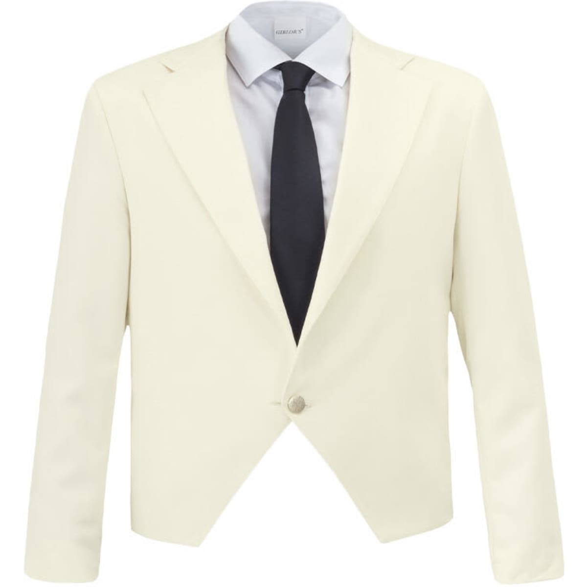 A white waist jacket with a collar, paired with a light grey shirt and a black tie. The jacket features a single button.