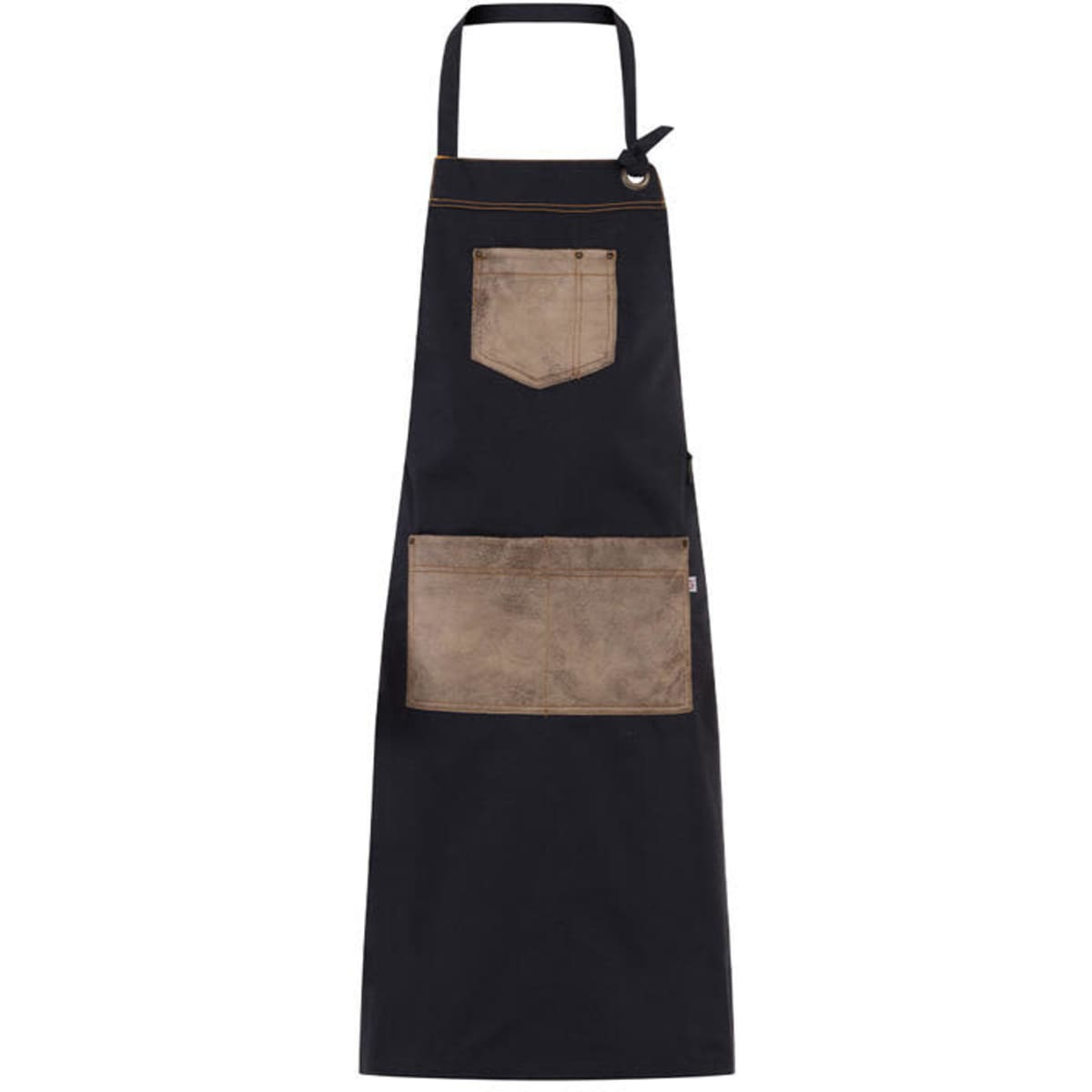 A navy apron featuring a brown pocket and a smaller chest pocket, with an adjustable neck strap.