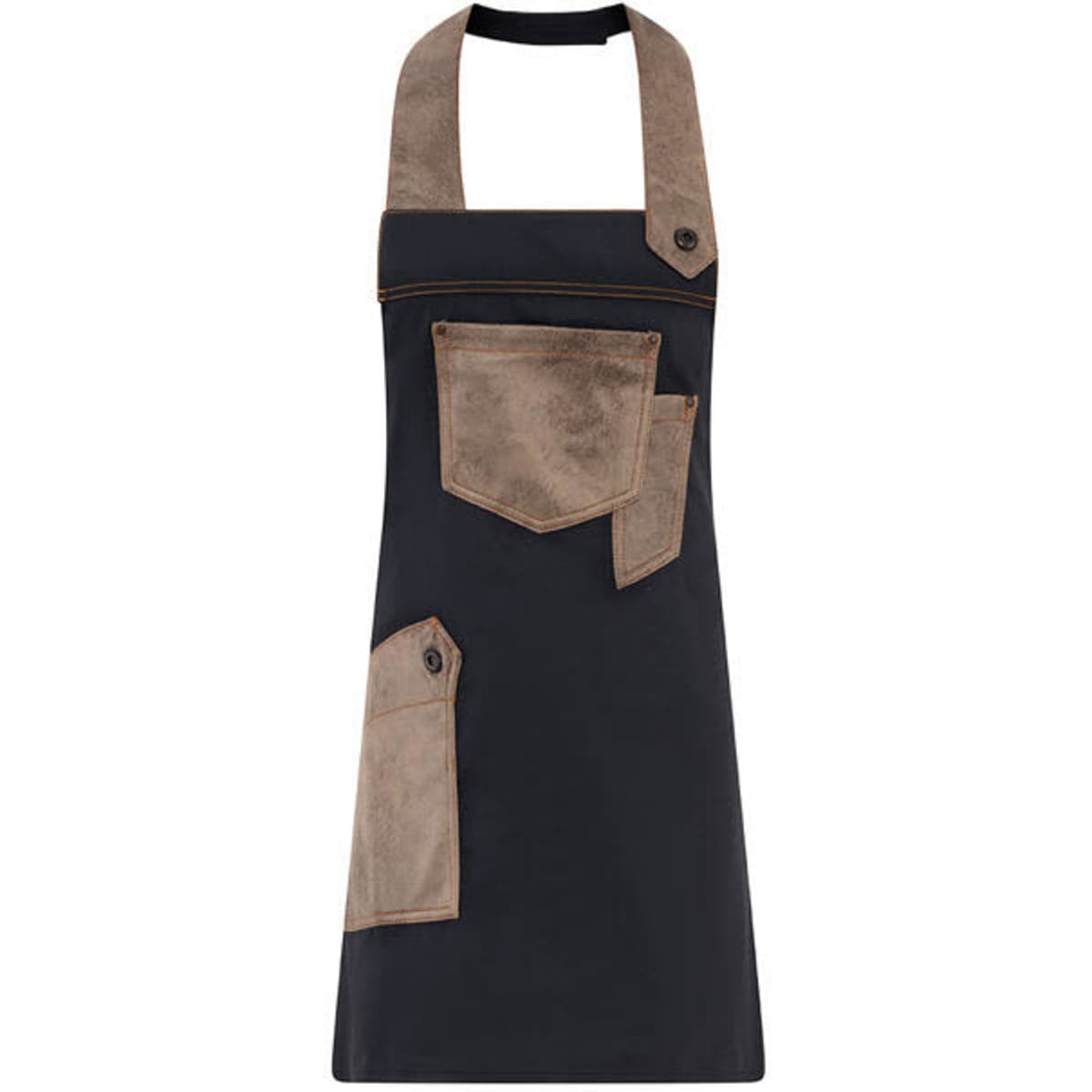 A black apron with tan pockets and straps, featuring a modern design and a logo.