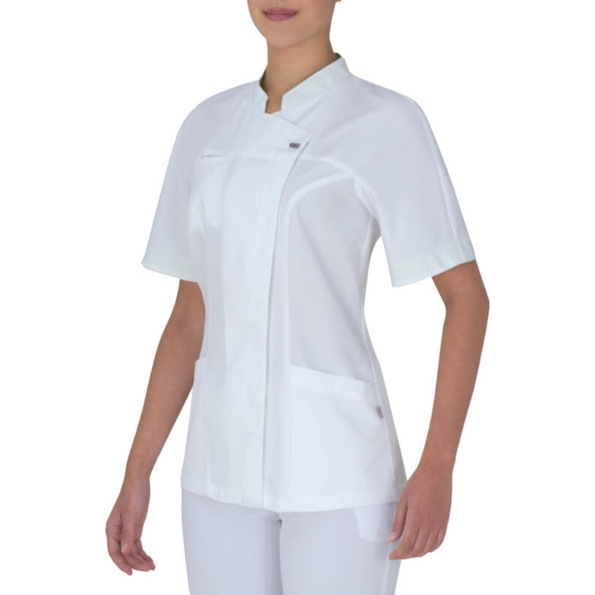 A short sleeve tunic in white with a stylish design and front pockets, featuring a logo.