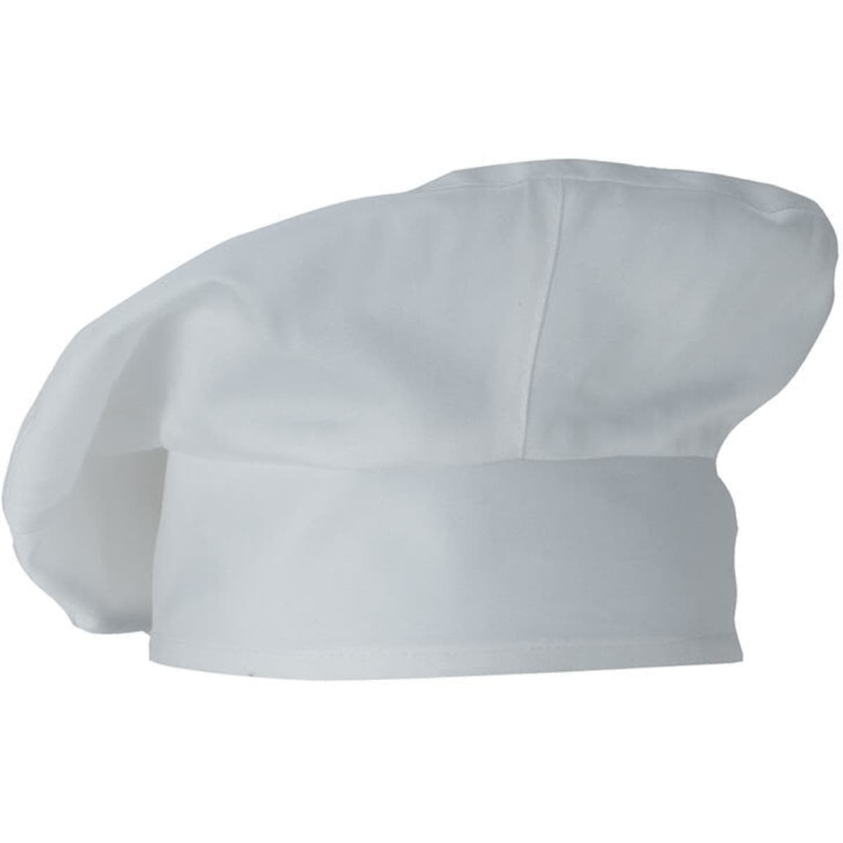 A white chef hat with a classic design, featuring a rounded top and a wide band at the base.