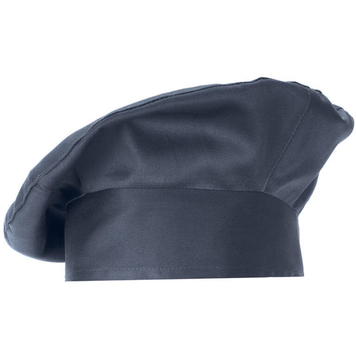 A black chef hat with a structured top and wide band. The hat has a smooth, shiny finish and a logo.