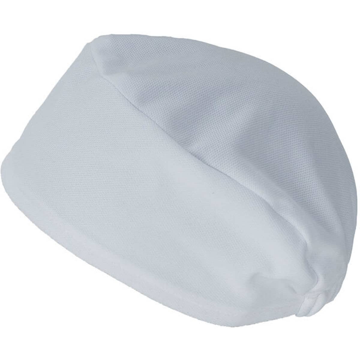 A white bandana with a smooth, fitted design and a slight sheen. Includes branding on the side.