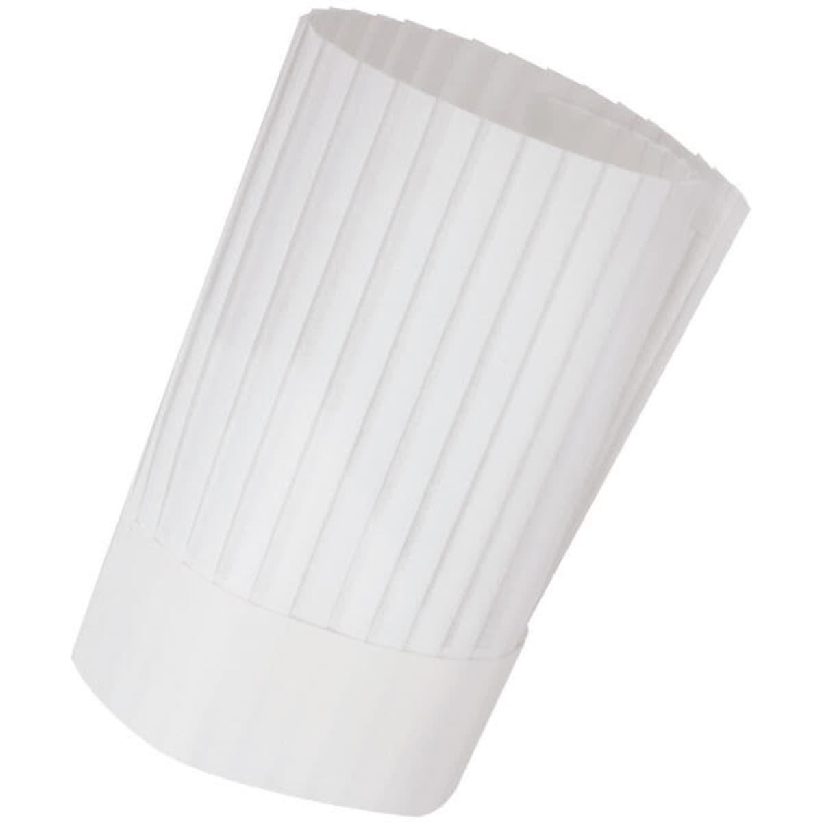 A white chef hat with pleats, designed for culinary use, featuring a branding logo.