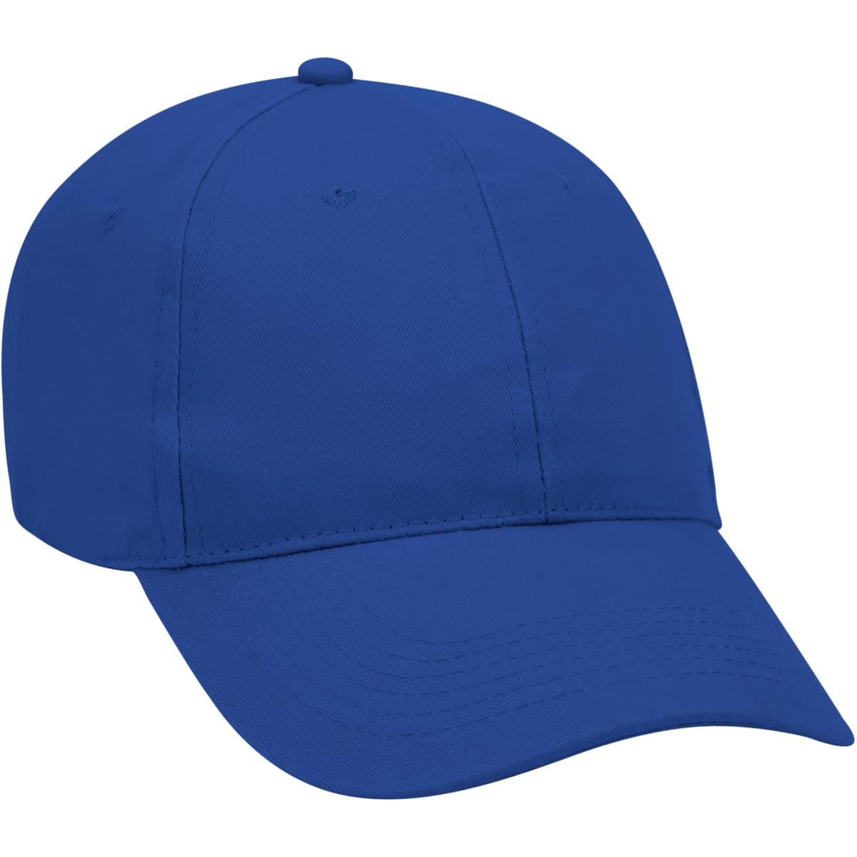 A blue 6 panel baseball cap featuring a curved brim and a logo.