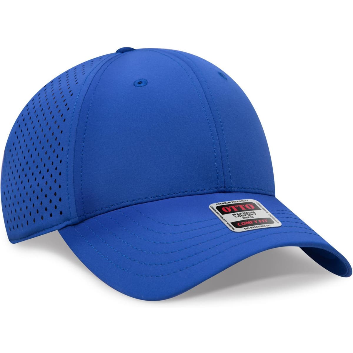 A blue 6-panel low profile perforated baseball cap with a branded logo on the front.