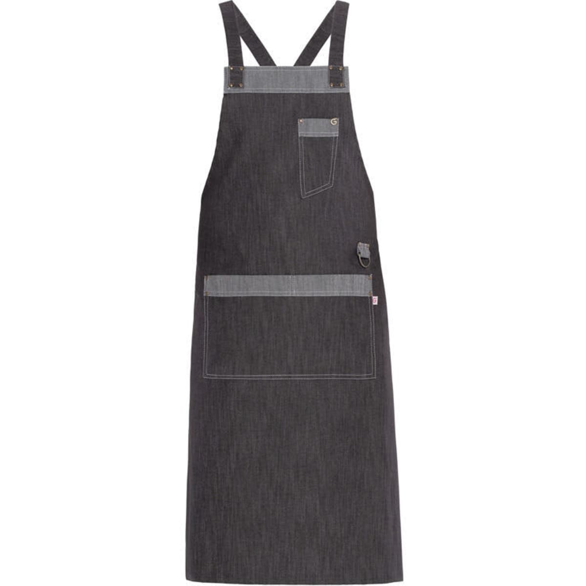 A dark grey apron with adjustable straps and multiple pockets, featuring a logo on the side.