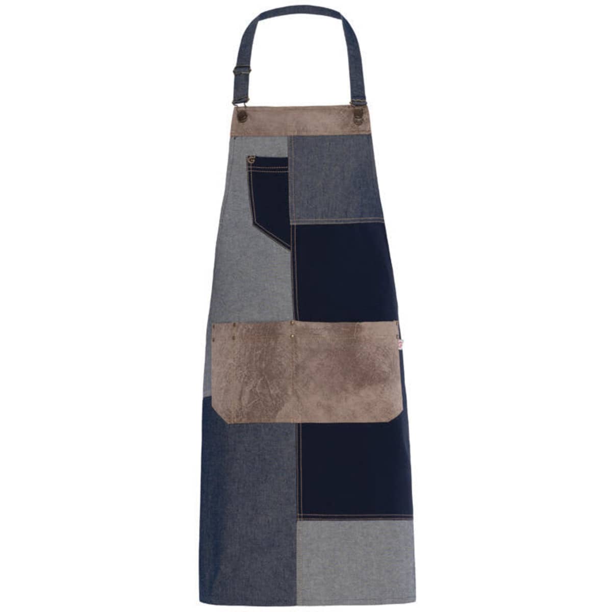A patchwork apron featuring shades of blue, grey, and brown, with a front pocket and a logo on it.