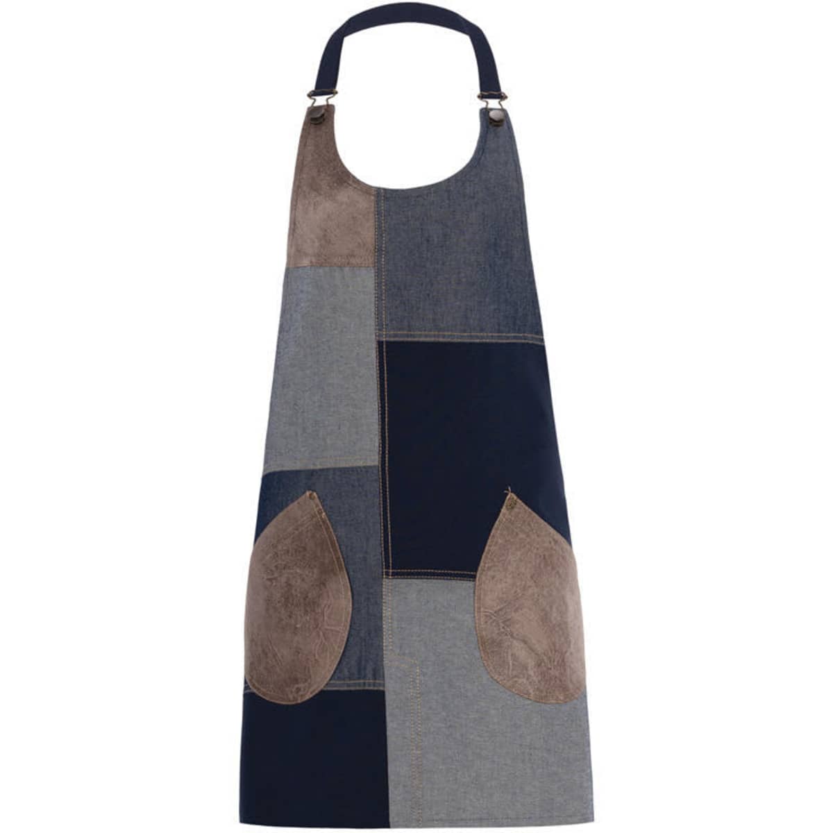 A patchwork apron featuring shades of blue and brown, with two large pockets and a logo.