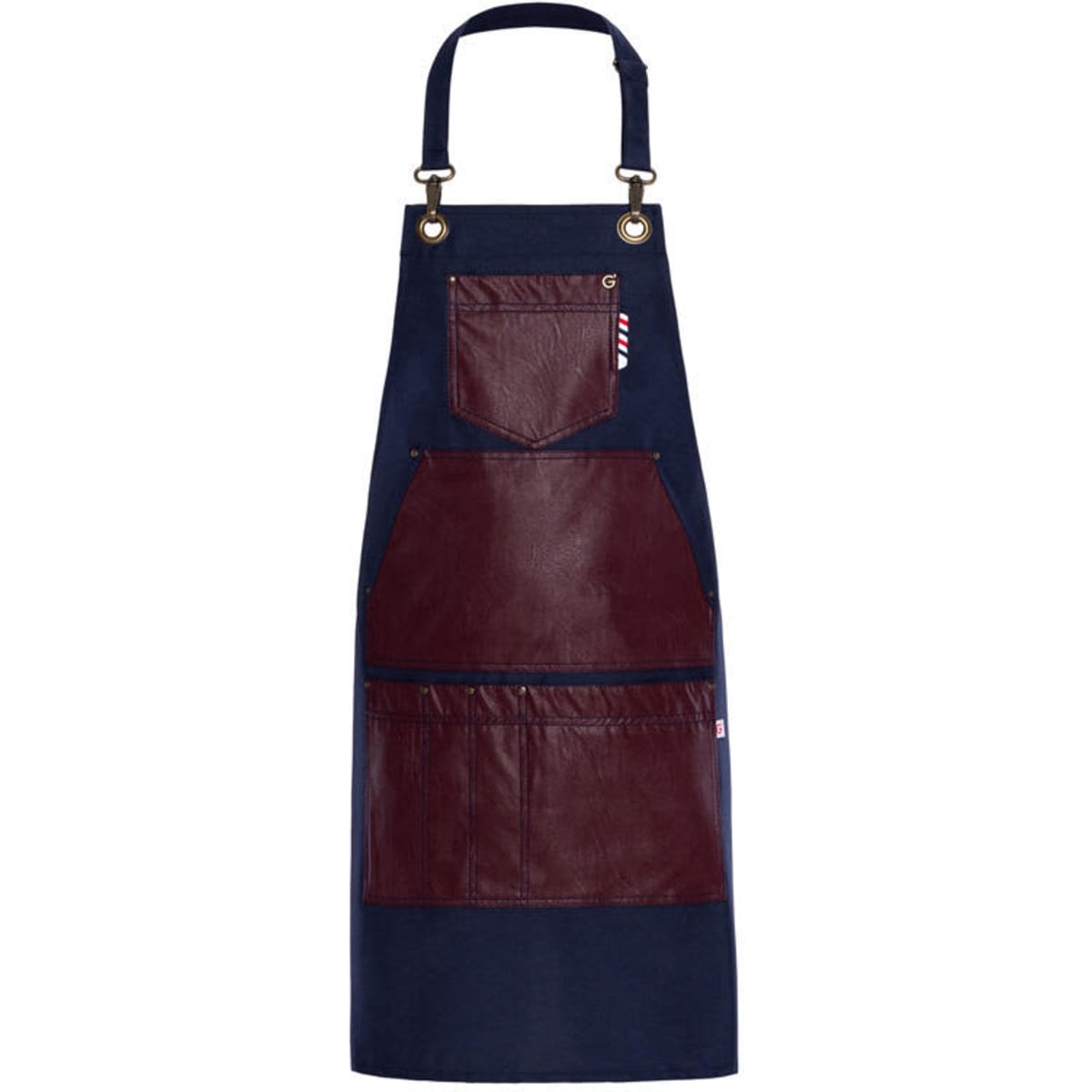 A navy apron with brown leather accents and multiple pockets, featuring a logo at the top.