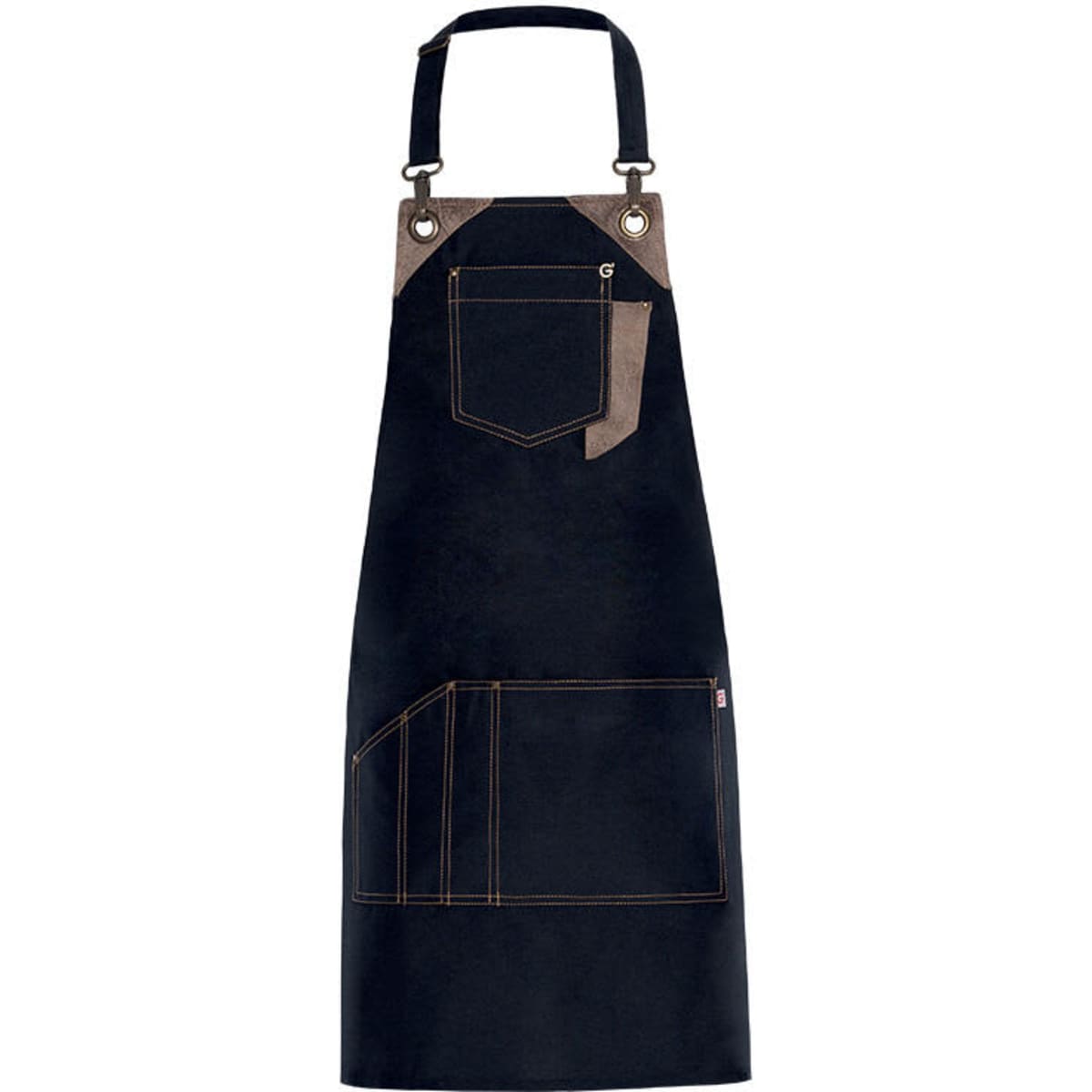 A navy blue apron with various pockets and brown detailing, featuring a logo near the top.