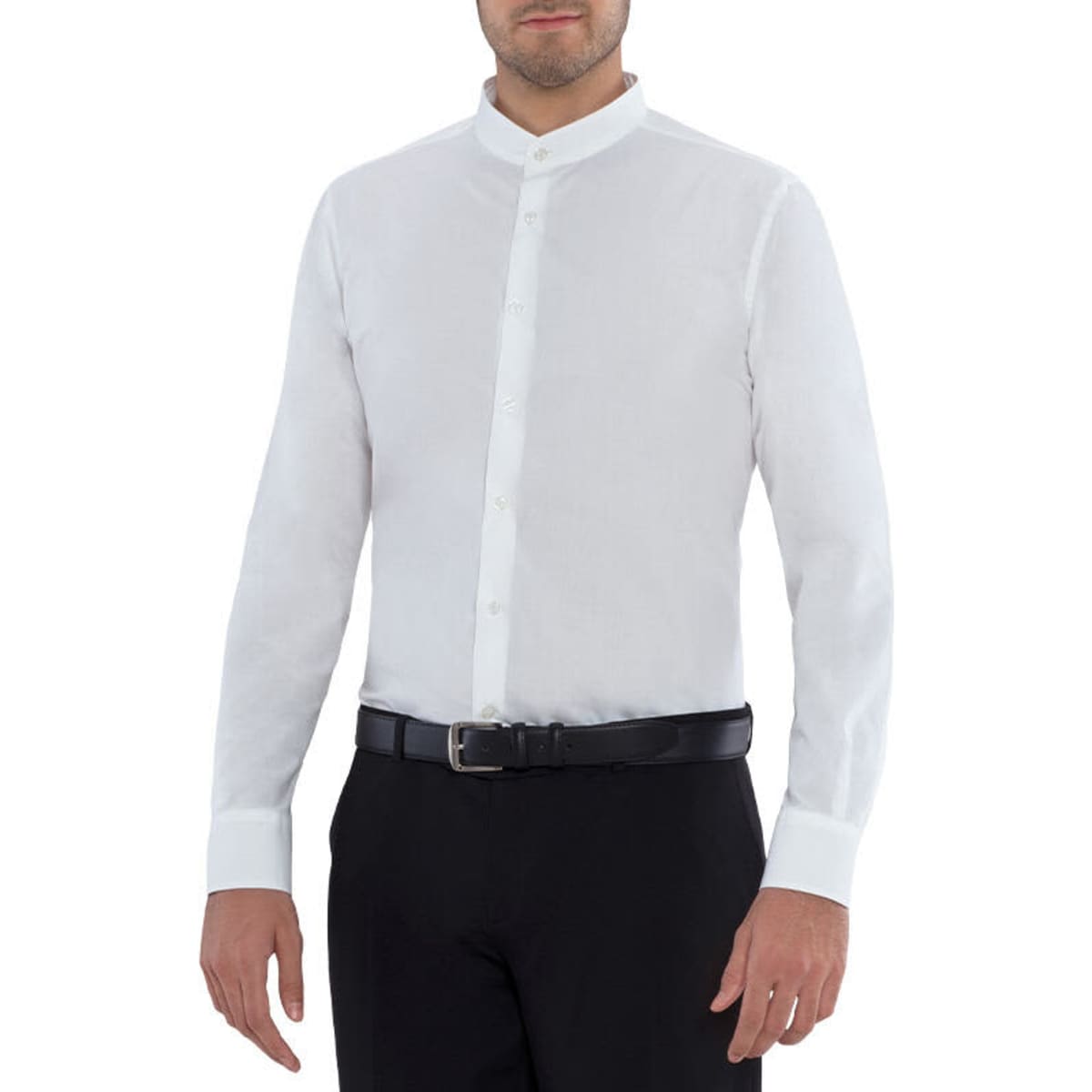 A white long-sleeved shirt with a mandarin collar, featuring buttons down the front and a belt worn with black pants.