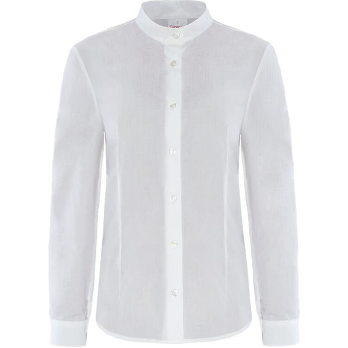 A white long-sleeved shirt with a button-up front and a collar, featuring a crisp, clean design.