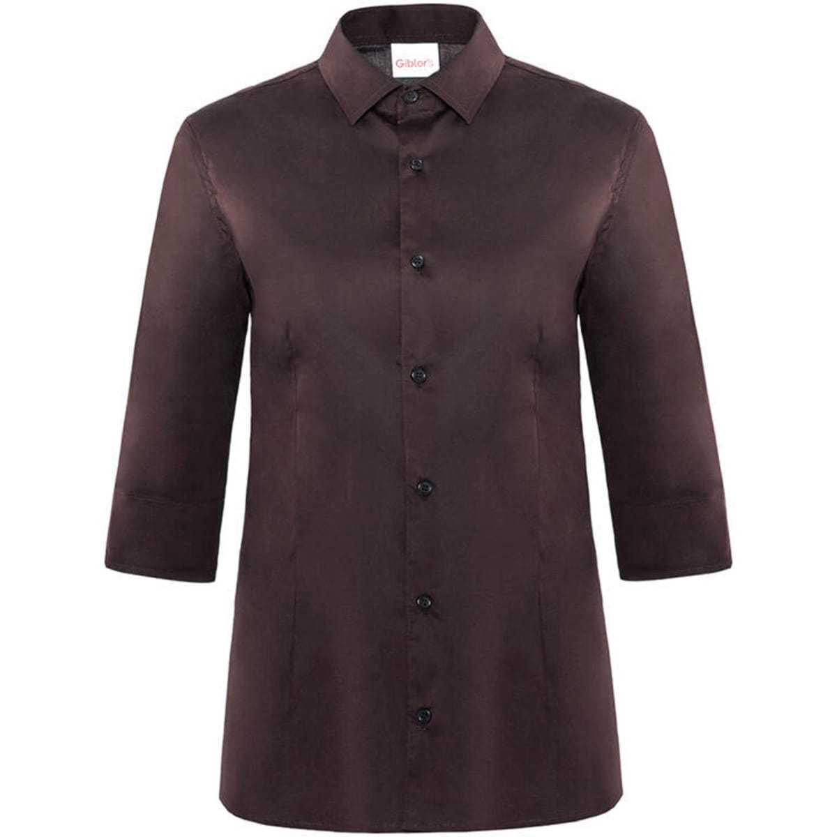 A brown Flavia shirt with a collar, button-up front, and three-quarter sleeves. Features a logo on the label.