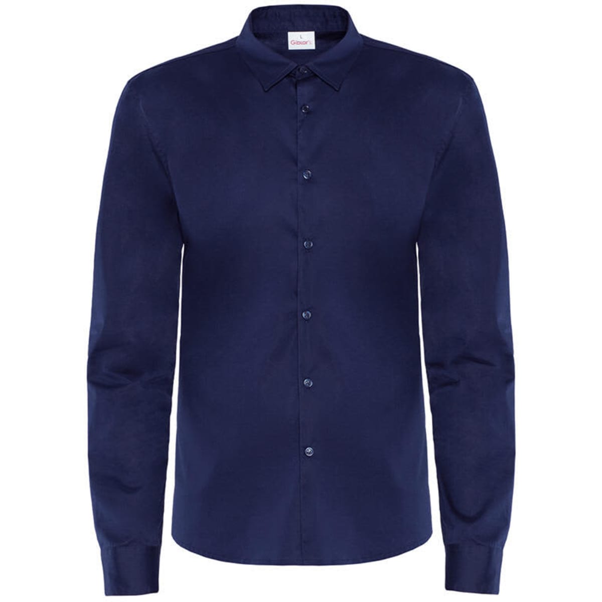A navy blue long-sleeved shirt with a button-up front and collar, featuring a logo on the label.