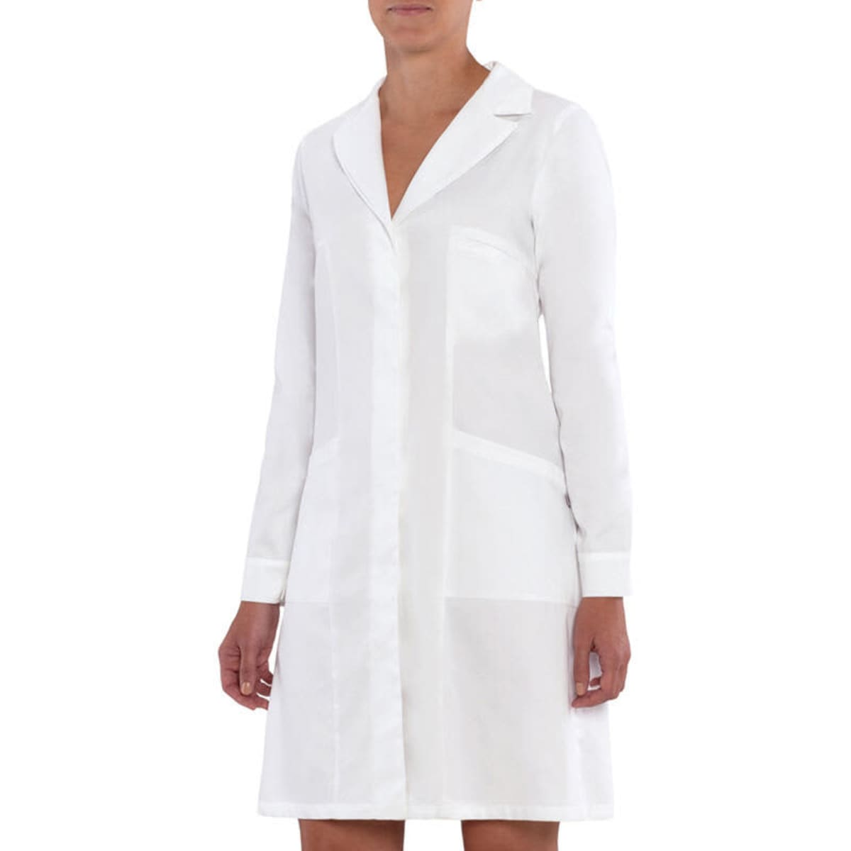 A white lab coat with long sleeves and a collar, featuring a front button closure and pockets.