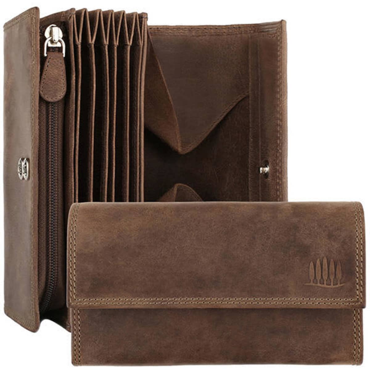A leather wallet in brown with multiple compartments and a zippered section, featuring a logo.